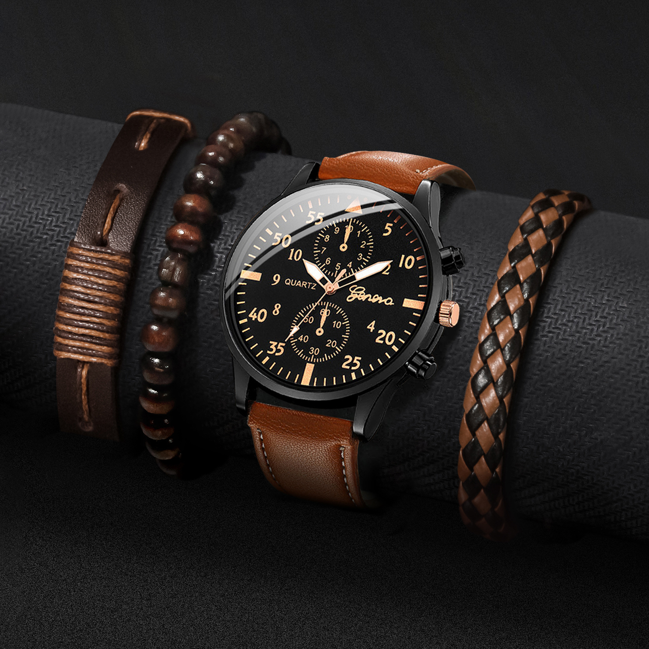 4PCS Fashion Arabic Dial Men B - مراجعة Leather Watch Band Men وسعره
