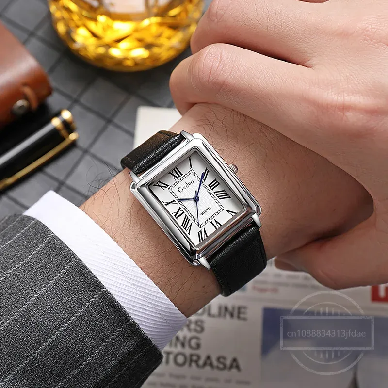New Fashion Designer Rectangle - مراجعة Leather Watch Band Men وسعره