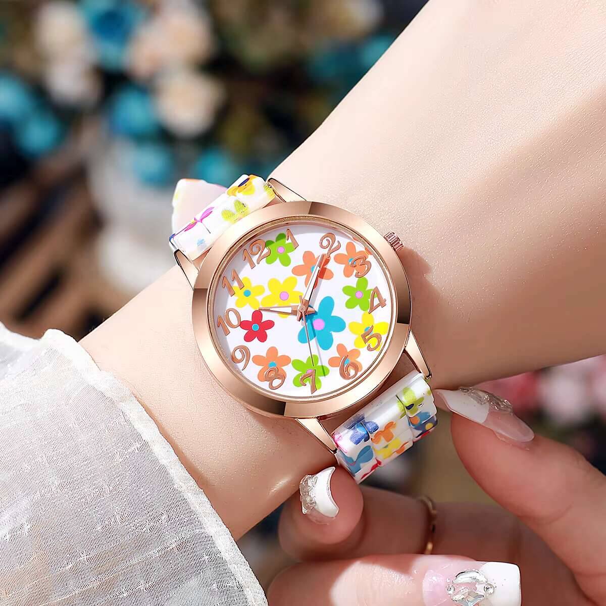 2PCS Fashion Flower Printed Wo - مراجعة Silicone Band Women وسعره